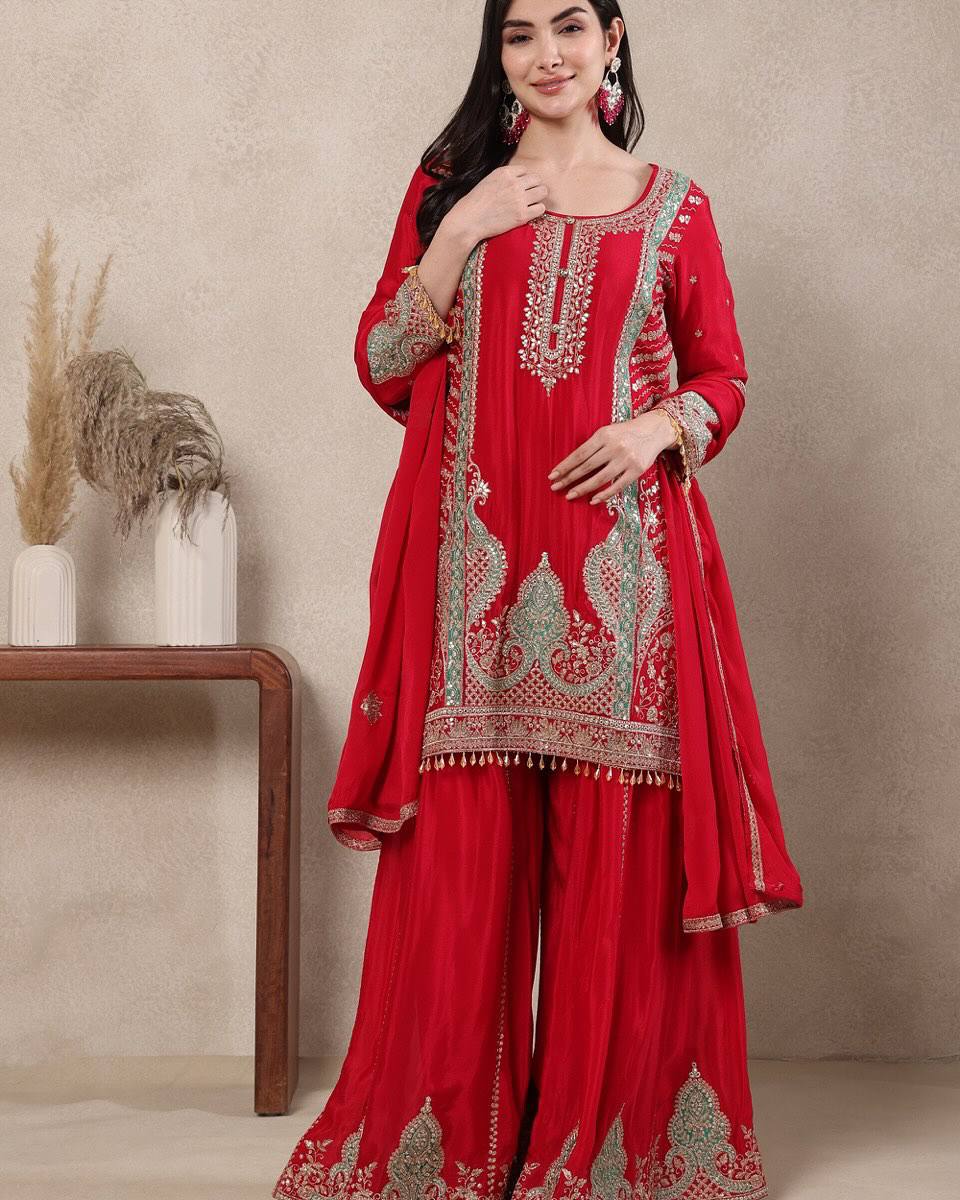 Premium Chinnon Silk Heavy Sequence Sharara Set