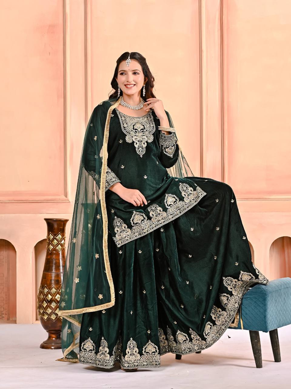 Luxury Velvet Coding & Sequence Work Sharara Palazzo Suit
