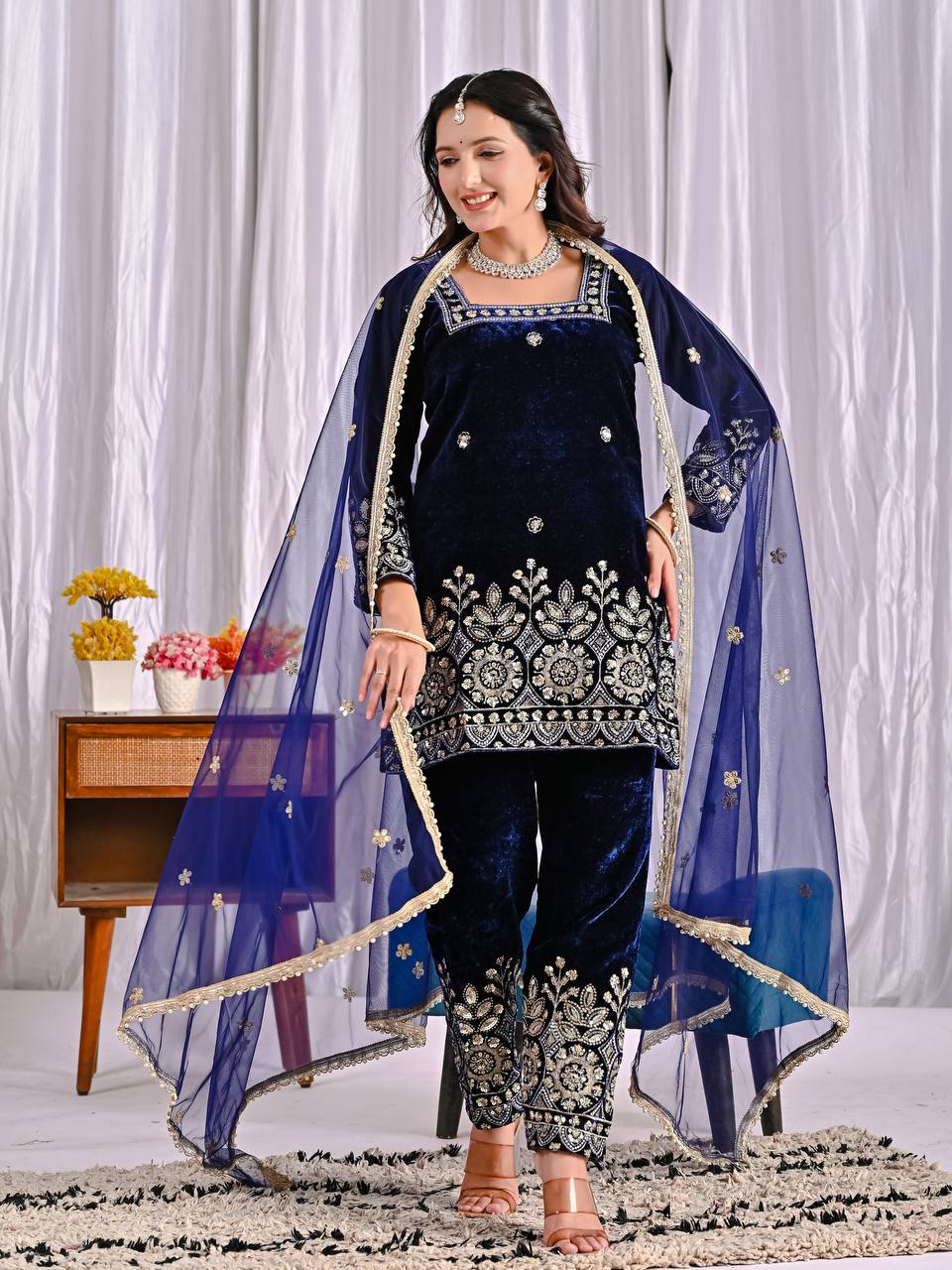 “Premium Viscose Velvet Heavy Embroidered Suit Set with Designer Pant  Net Dupatta”