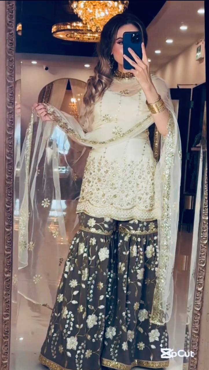 Premium Heavy Chinnon Silk Embroidered Sharara Set with Butterfly Net Dupatta