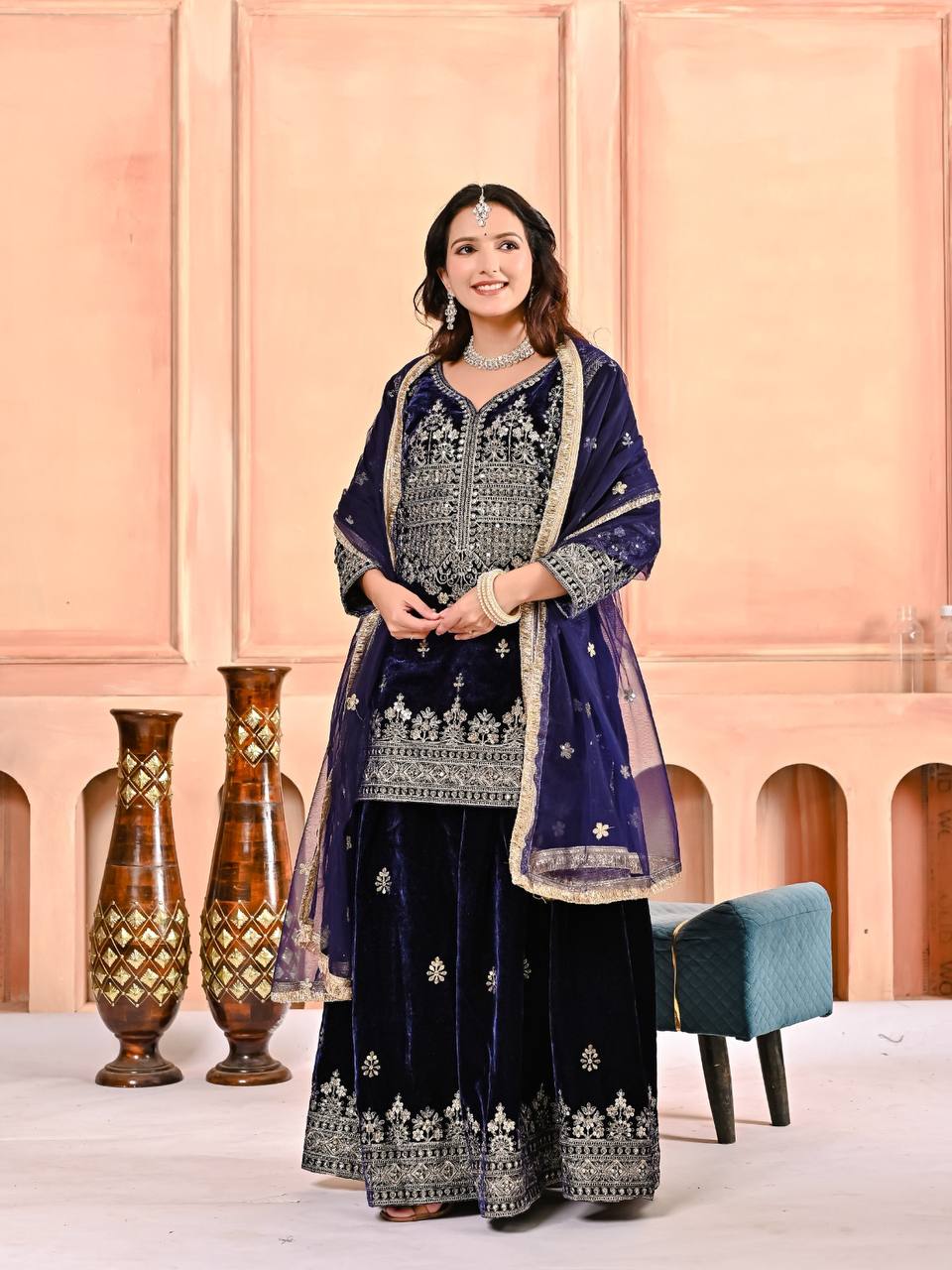 Royal Velvet Embroidery Sharara Palazzo with Fancy Dupatta