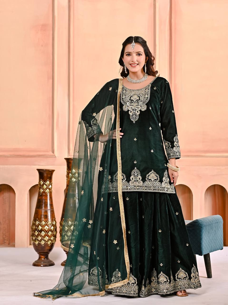 Luxury Velvet Coding & Sequence Work Sharara Palazzo Suit