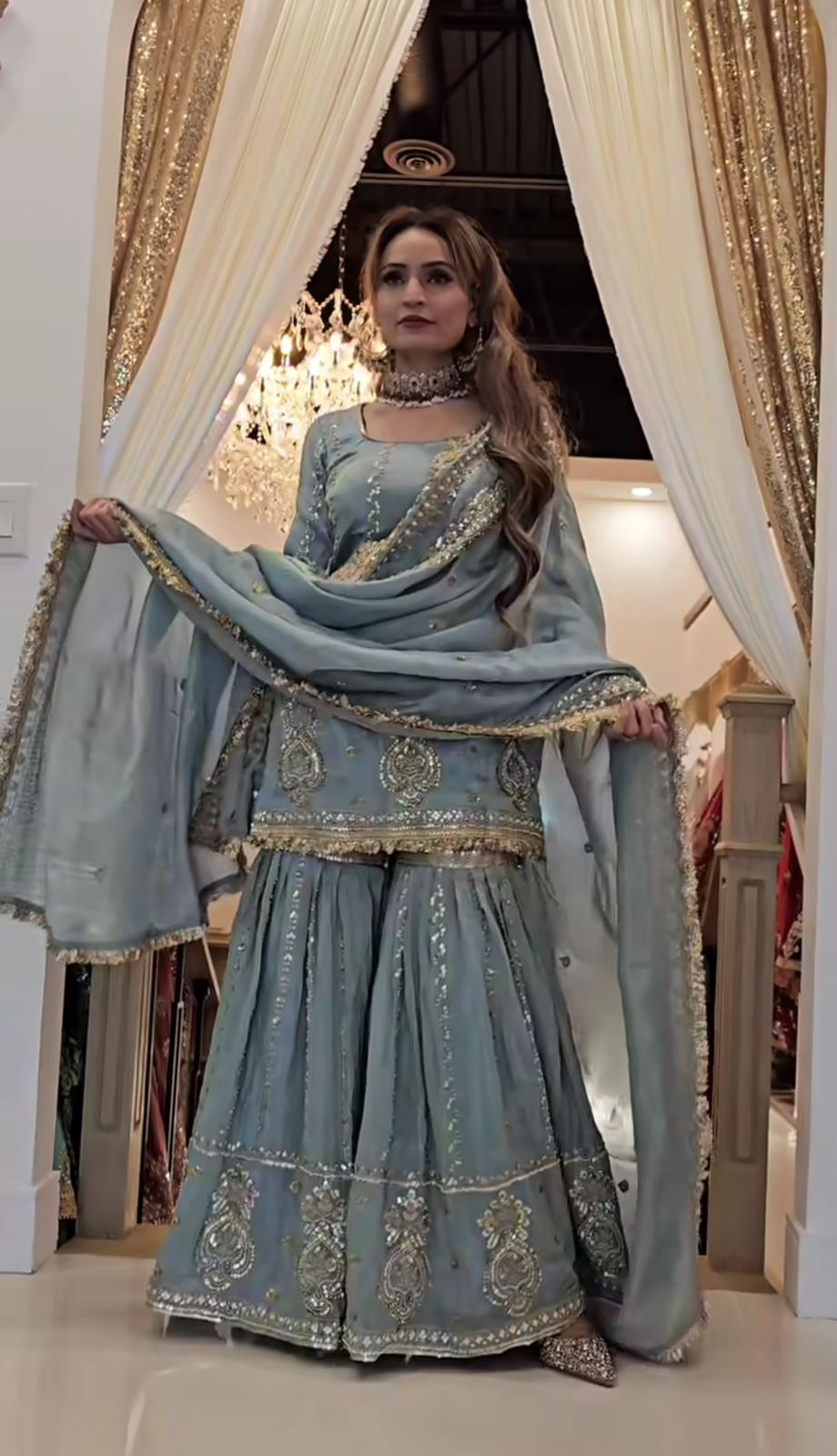 Women's Heavy Embroidered Aque Blue  Sharara Set – Premium Party & Festive Wear