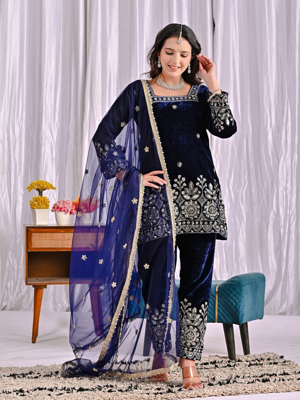 “Premium Viscose Velvet Heavy Embroidered Suit Set with Designer Pant  Net Dupatta”