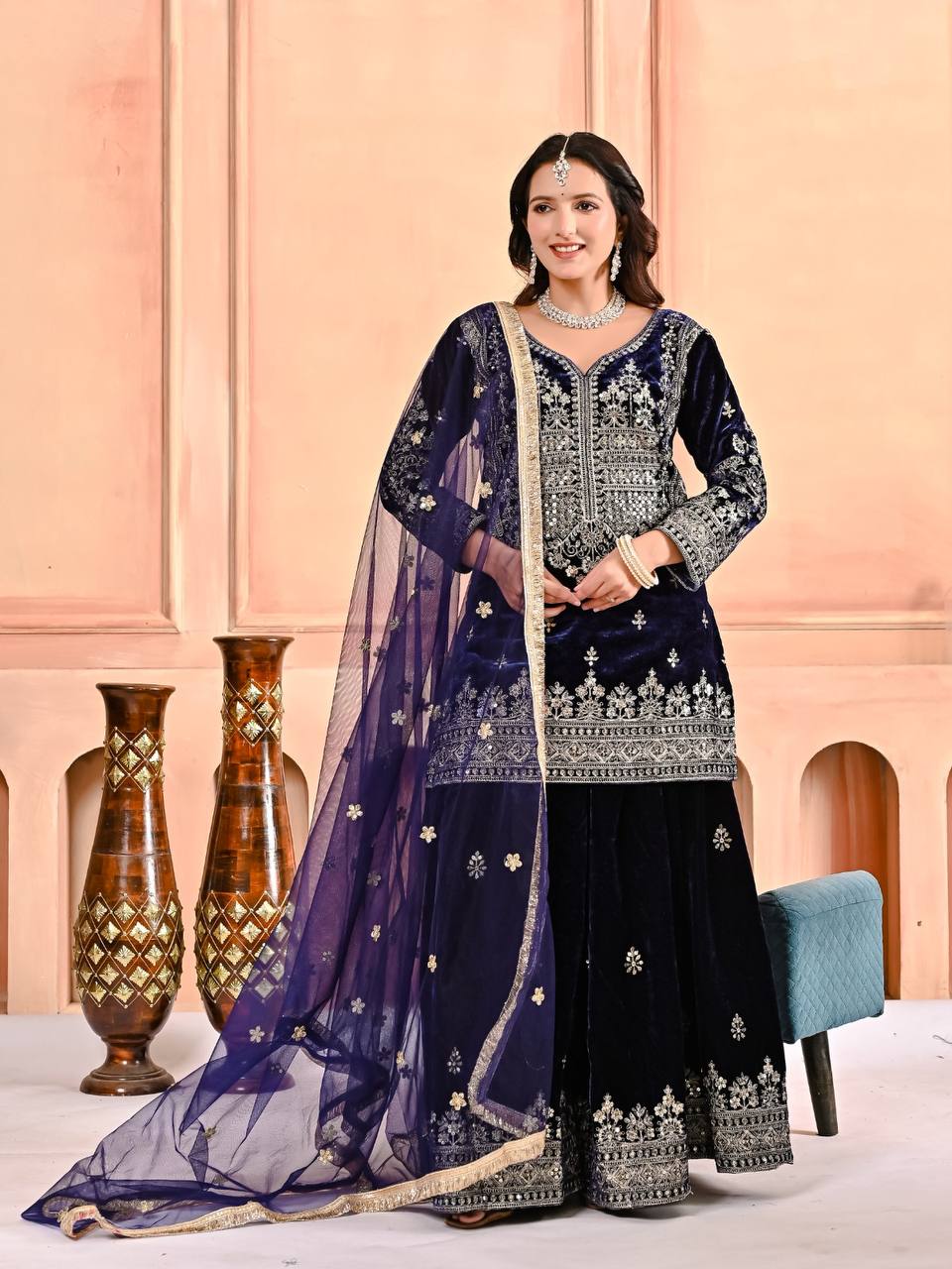 Royal Velvet Embroidery Sharara Palazzo with Fancy Dupatta
