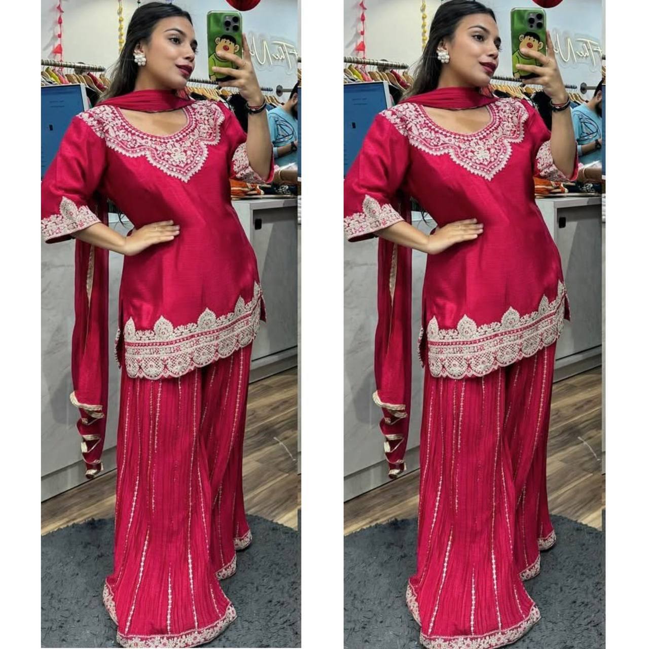 Royal Chinnon Silk Embroidered Top–Sharara–Dupatta Set