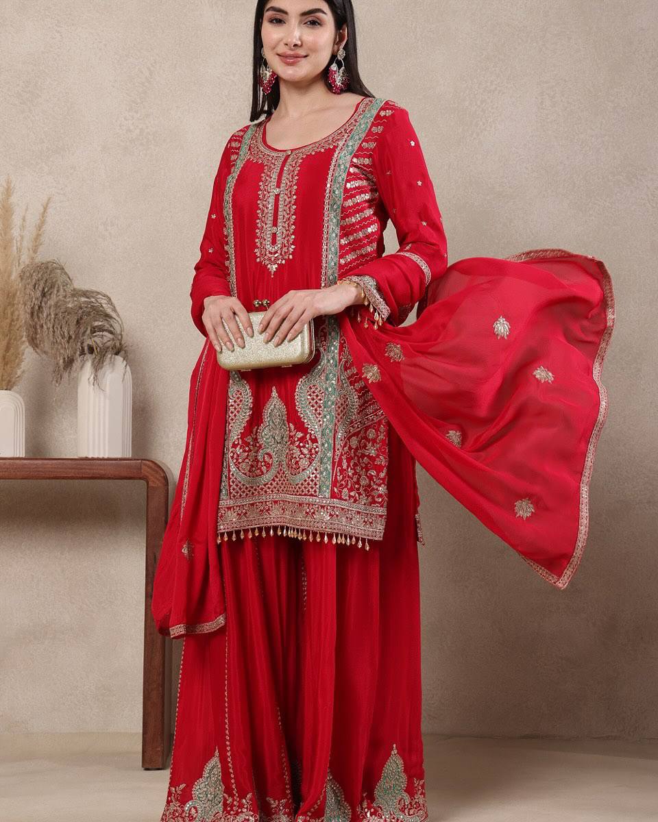 Premium Chinnon Silk Heavy Sequence Sharara Set