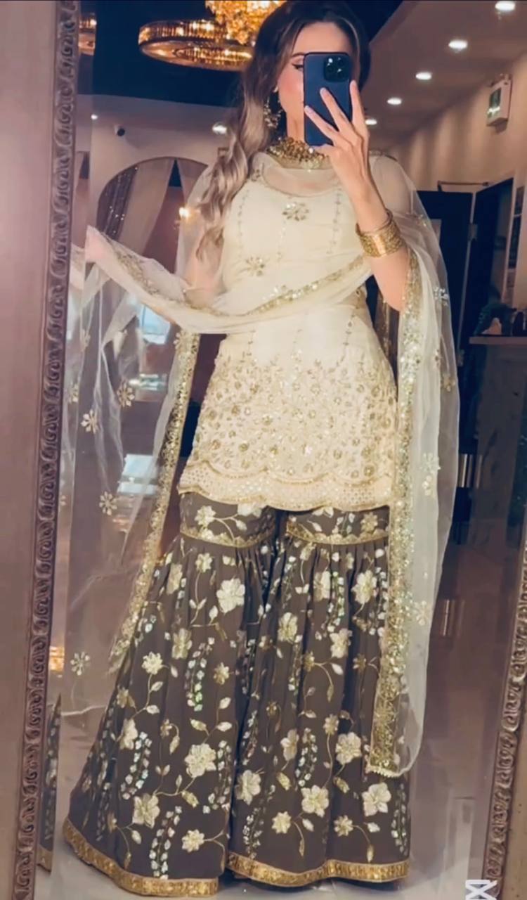 Premium Heavy Chinnon Silk Embroidered Sharara Set with Butterfly Net Dupatta