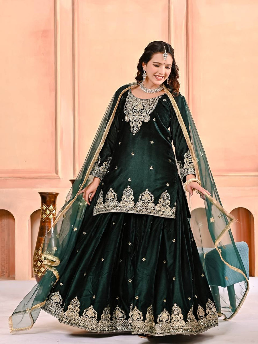 Luxury Velvet Coding & Sequence Work Sharara Palazzo Suit – AMRAPALI TREND