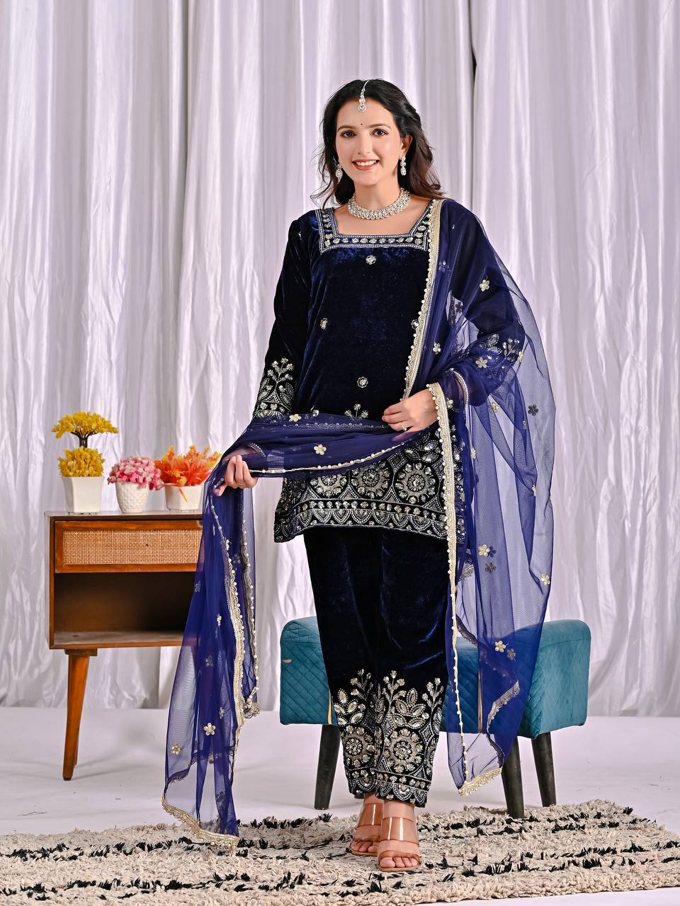 “Premium Viscose Velvet Heavy Embroidered Suit Set with Designer Pant  Net Dupatta”
