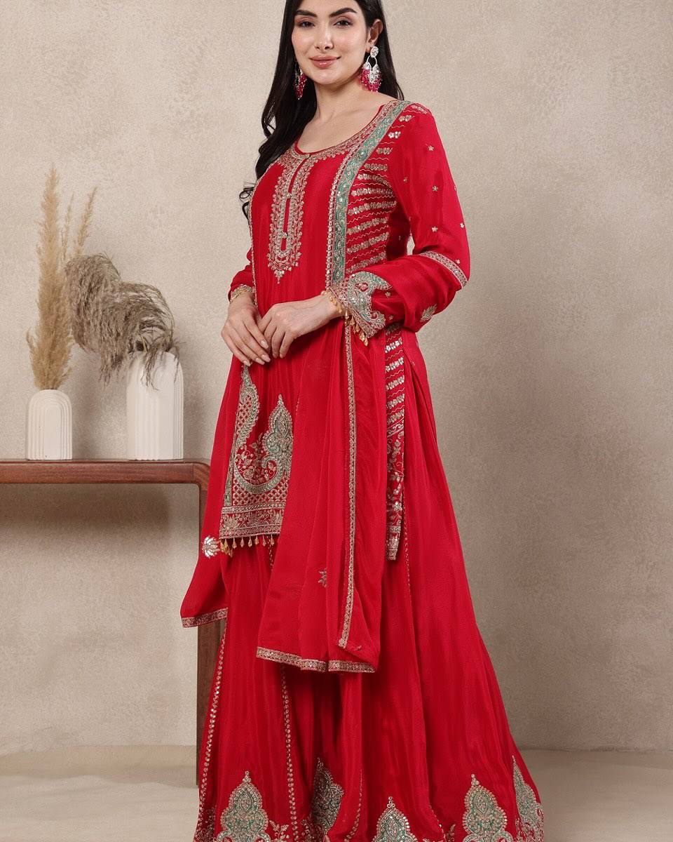 Premium Chinnon Silk Heavy Sequence Sharara Set