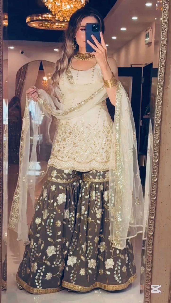 Premium Heavy Chinnon Silk Embroidered Sharara Set with Butterfly Net Dupatta