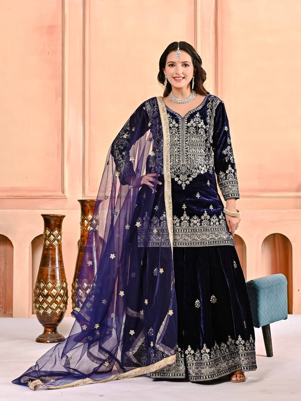 Royal Velvet Embroidery Sharara Palazzo with Fancy Dupatta