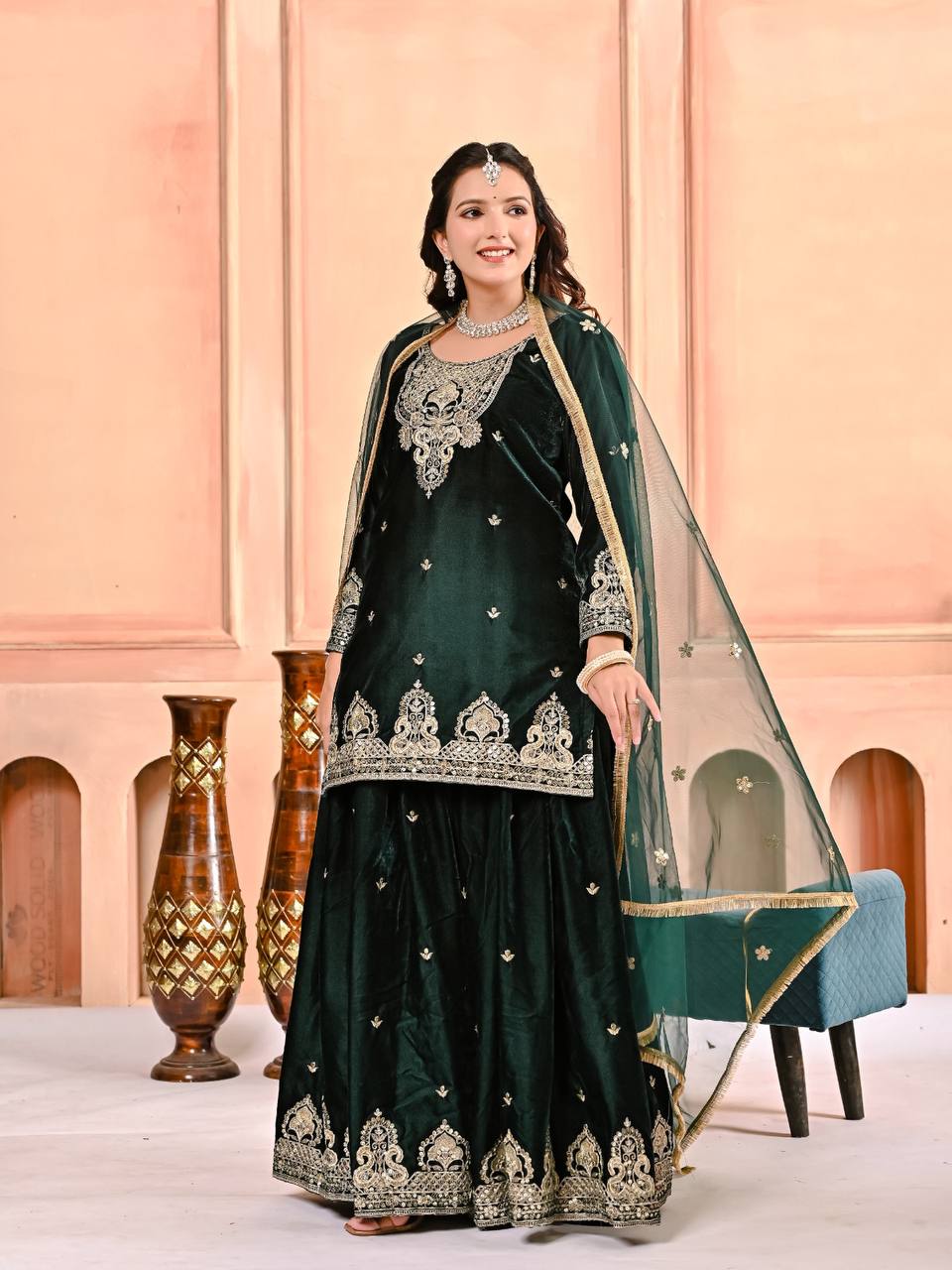 Luxury Velvet Coding & Sequence Work Sharara Palazzo Suit