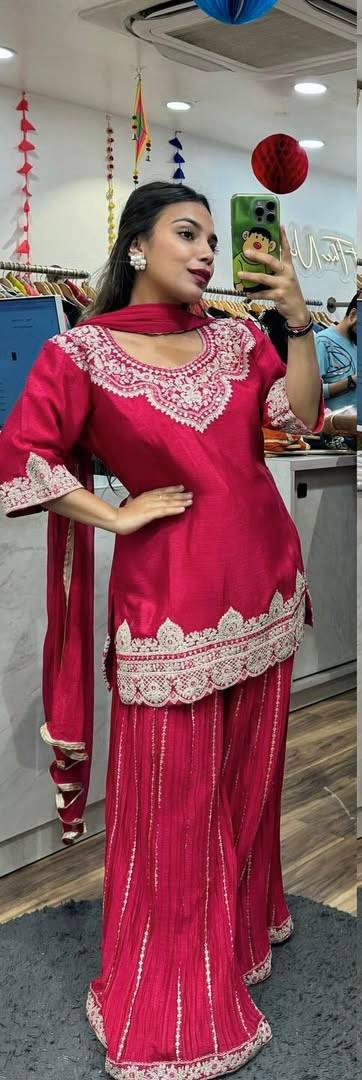 Royal Chinnon Silk Embroidered Top–Sharara–Dupatta Set