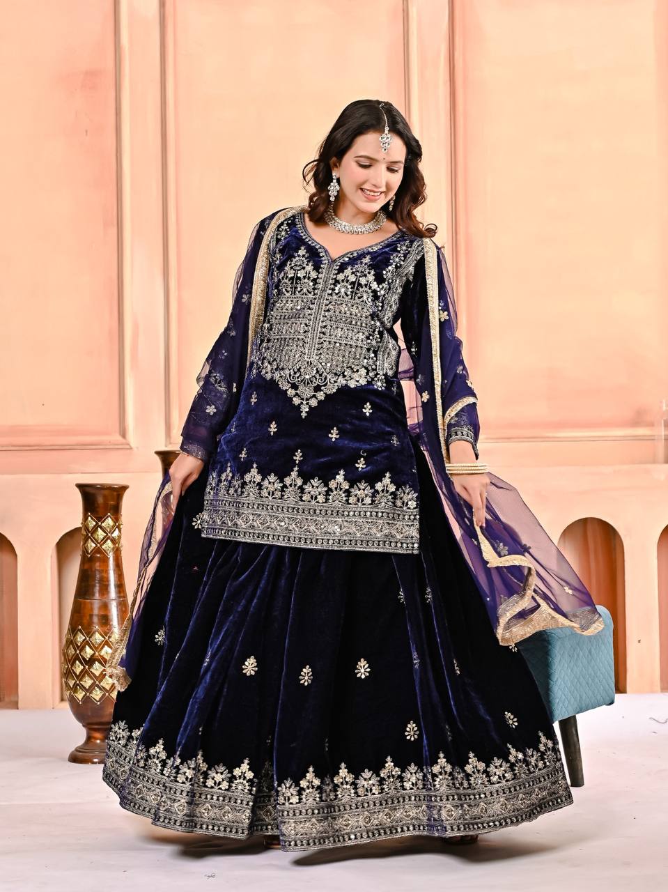 Royal Velvet Embroidery Sharara Palazzo with Fancy Dupatta
