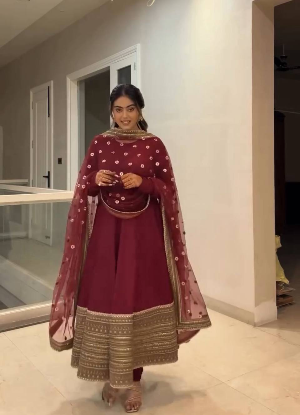 Royal Roman Silk Party Wear Gown with Heavy Embroidery