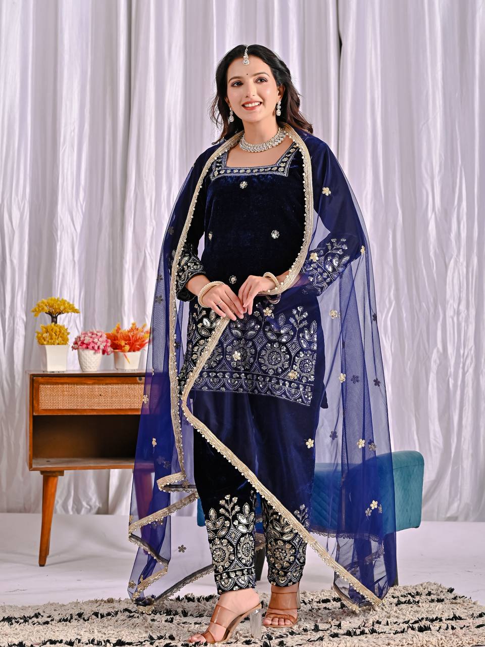 “Premium Viscose Velvet Heavy Embroidered Suit Set with Designer Pant  Net Dupatta”