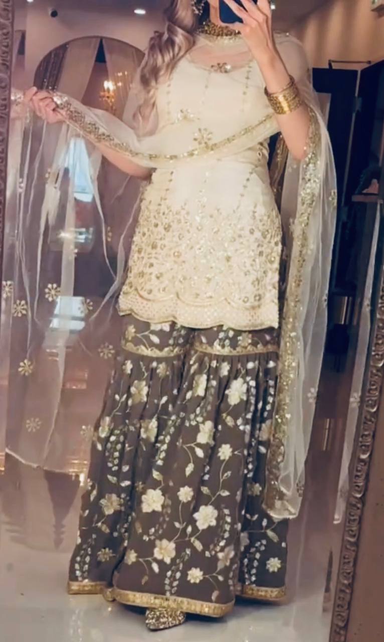 Premium Heavy Chinnon Silk Embroidered Sharara Set with Butterfly Net Dupatta