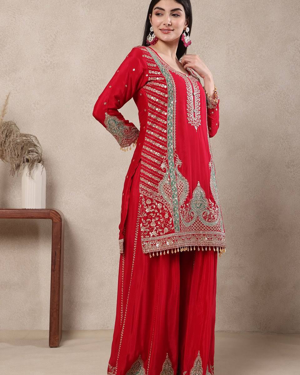 Premium Chinnon Silk Heavy Sequence Sharara Set