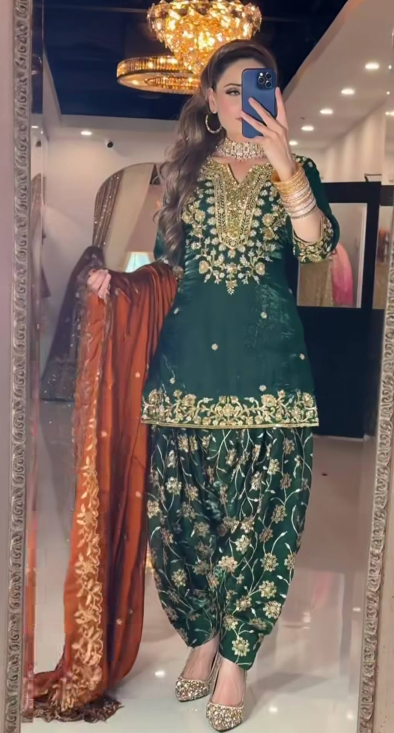 Designer Heavy Chinon Silk Party Wear Top with Dhoti Salwar & Dupatta