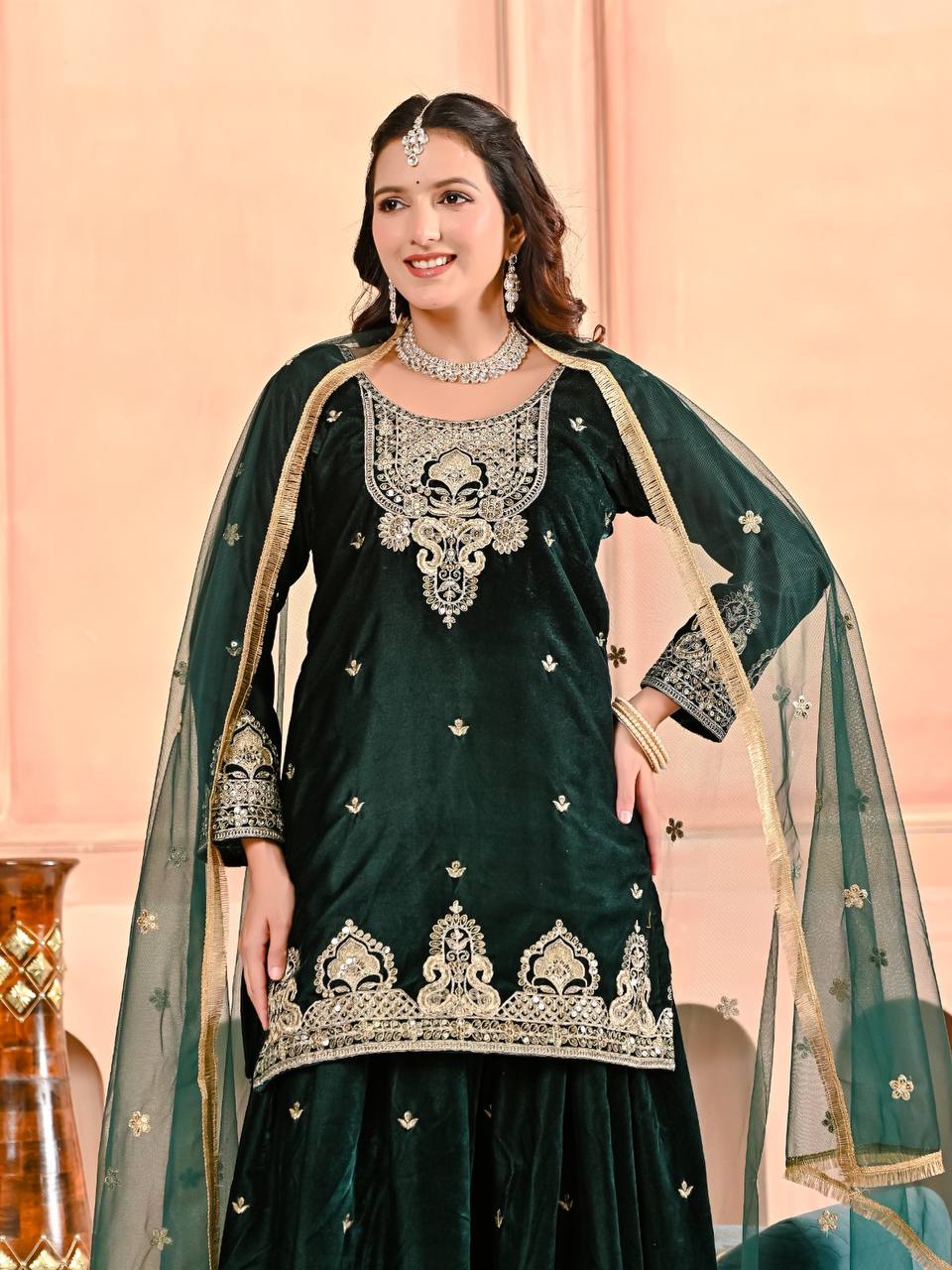 Luxury Velvet Coding & Sequence Work Sharara Palazzo Suit
