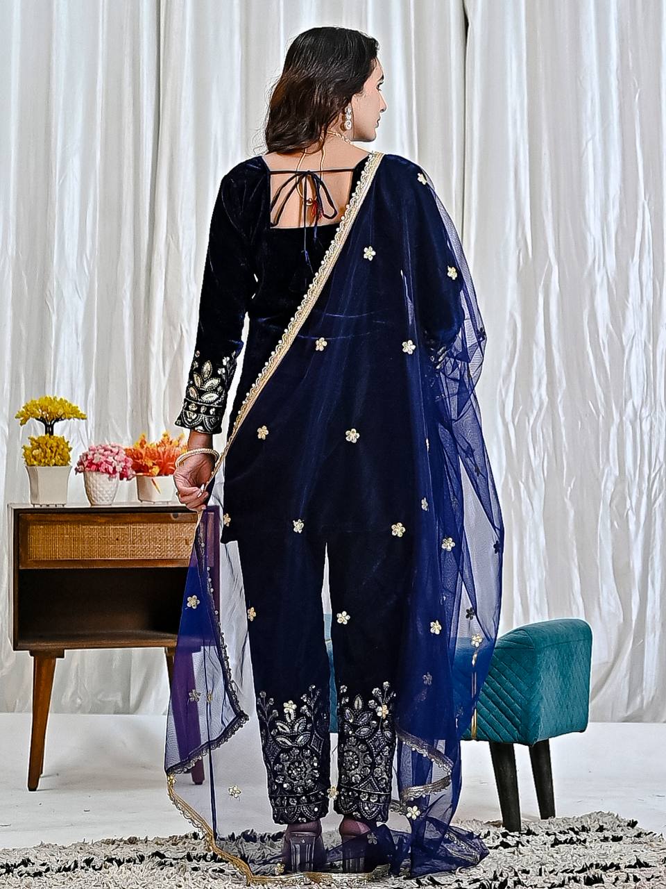 “Premium Viscose Velvet Heavy Embroidered Suit Set with Designer Pant  Net Dupatta”