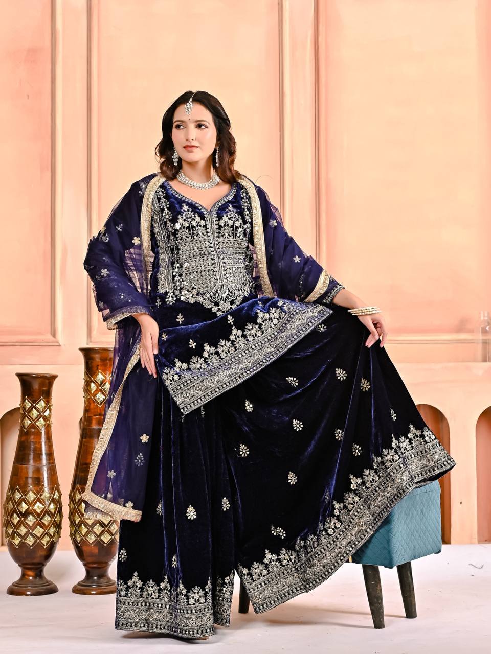 Royal Velvet Embroidery Sharara Palazzo with Fancy Dupatta