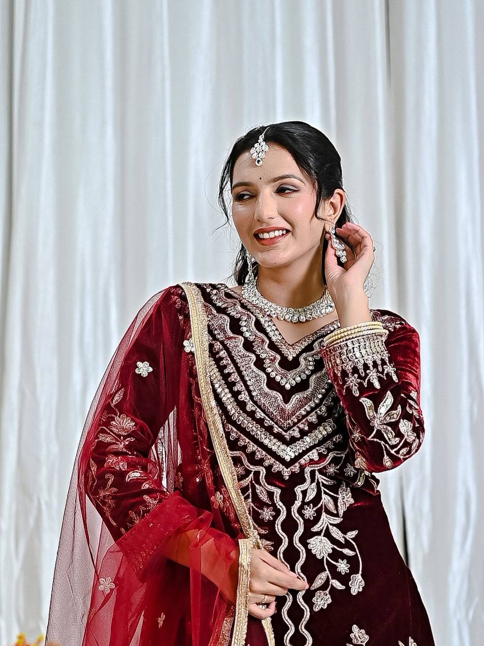 Premium Velvet Party Wear Top with Dhoti Salwar & Embroidered Dupatta