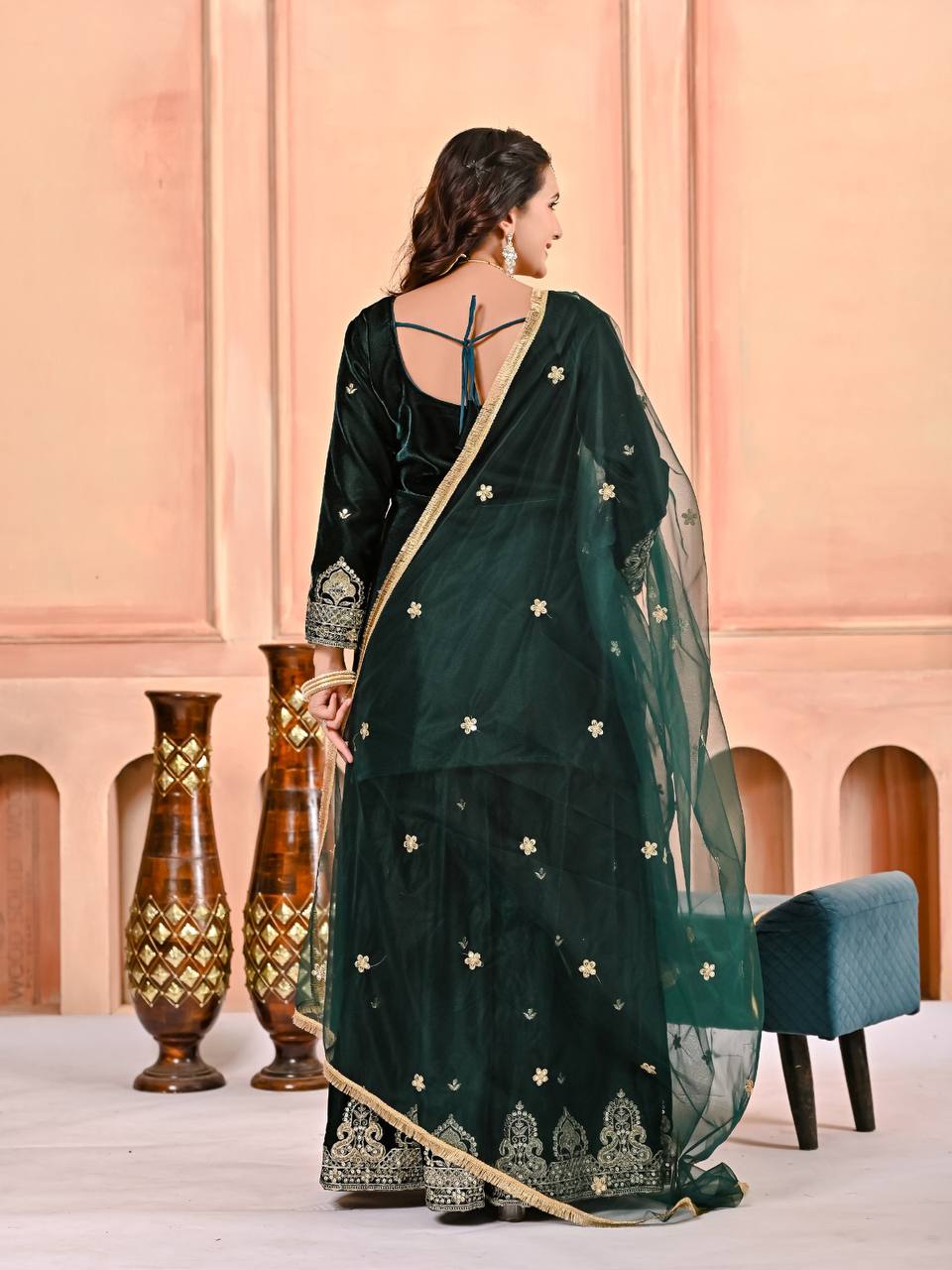 Luxury Velvet Coding & Sequence Work Sharara Palazzo Suit
