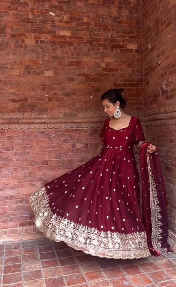 Maroon Bridal Anarkali Gown with Heavy Golden Embroidery  Wedding & Festive Ethnic Wear for Women