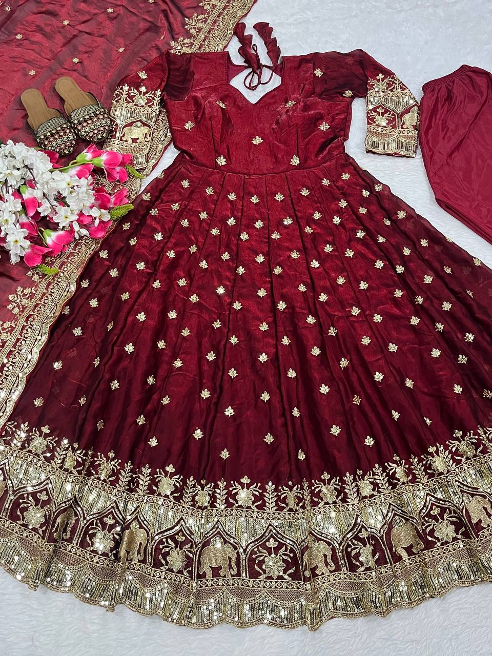 Maroon Bridal Anarkali Gown with Heavy Golden Embroidery  Wedding & Festive Ethnic Wear for Women