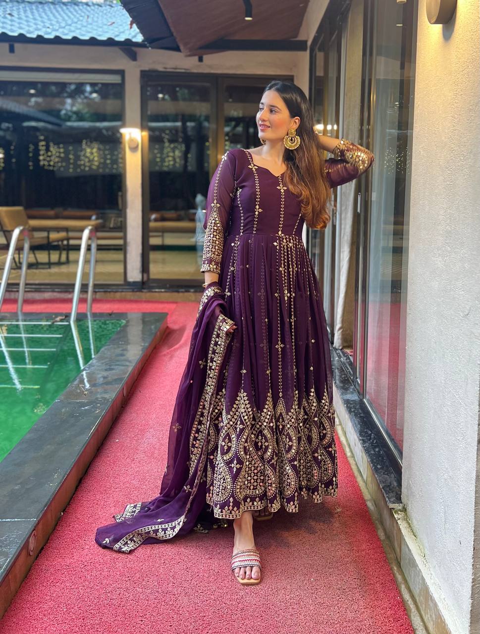 For every occasion, wrap yourself in regal charm in our violet Anarkali gown, which radiates grace, elegance, tradition, and timeless beauty.