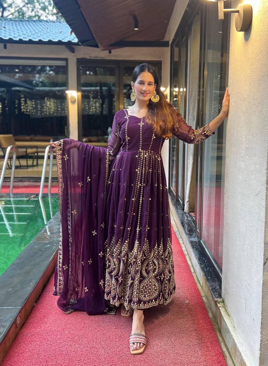 For every occasion, wrap yourself in regal charm in our violet Anarkali gown, which radiates grace, elegance, tradition, and timeless beauty.