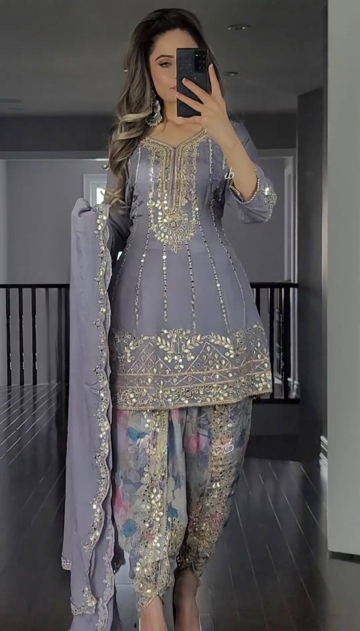 Our grey-colored embroidered Patliya suit is designed for your special occasions, so you can shine with elegance at every event.