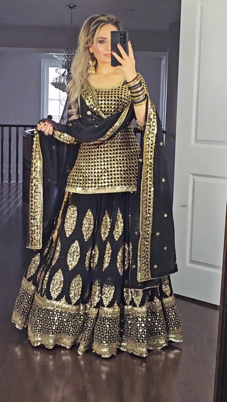Stunning Black Embroidered Lehenga Choli with Reimagined Dupatta Elegance