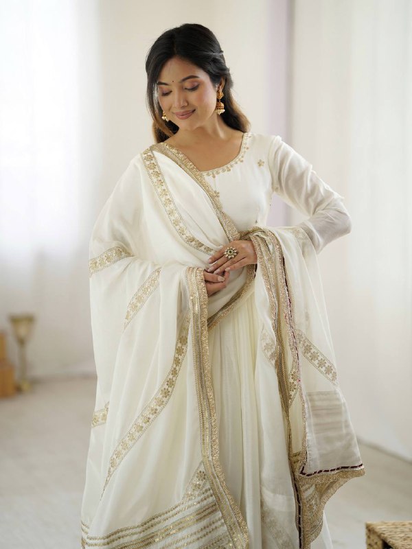 Royal White Floor-Length Anarkali Dress for Festive & Wedding Wear