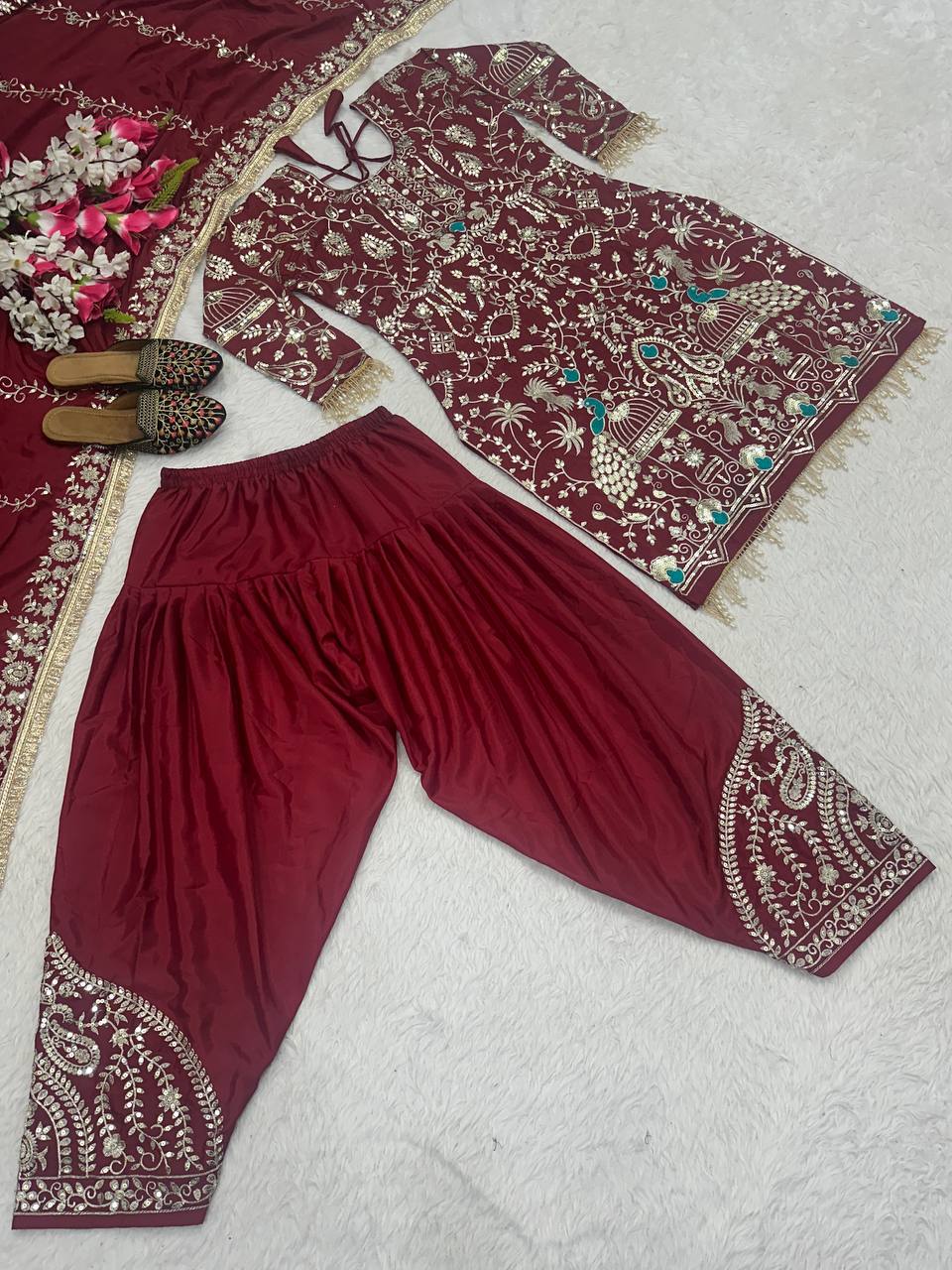 Maroon Heavy Embroidered Dhoti Salwar Suit for Women for  Wedding & Festive Wear Patiala Set with Dupatta