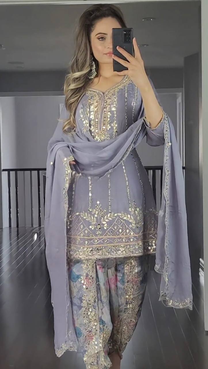 Our grey-colored embroidered Patliya suit is designed for your special occasions, so you can shine with elegance at every event.