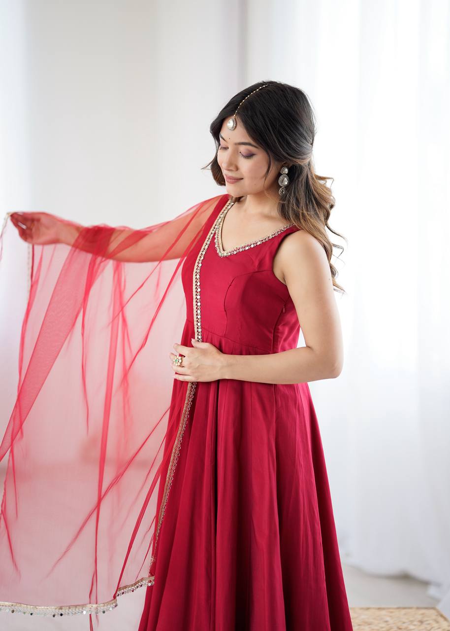 Premium Chanderi RomanSilk Anarkali with Soft Net Dupatta & Fancy Lace Work