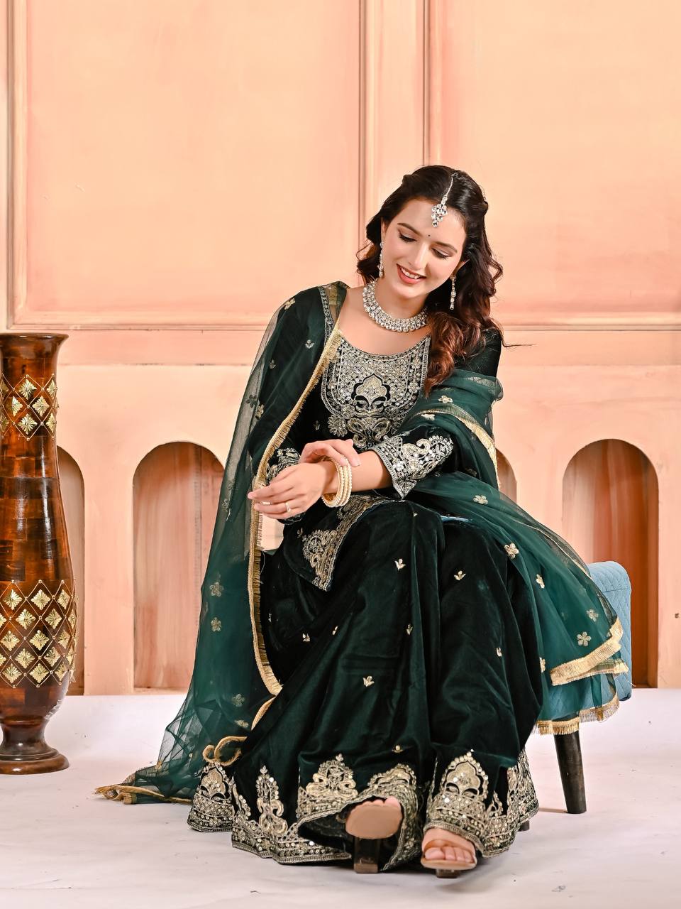 Luxury Velvet Coding & Sequence Work Sharara Palazzo Suit