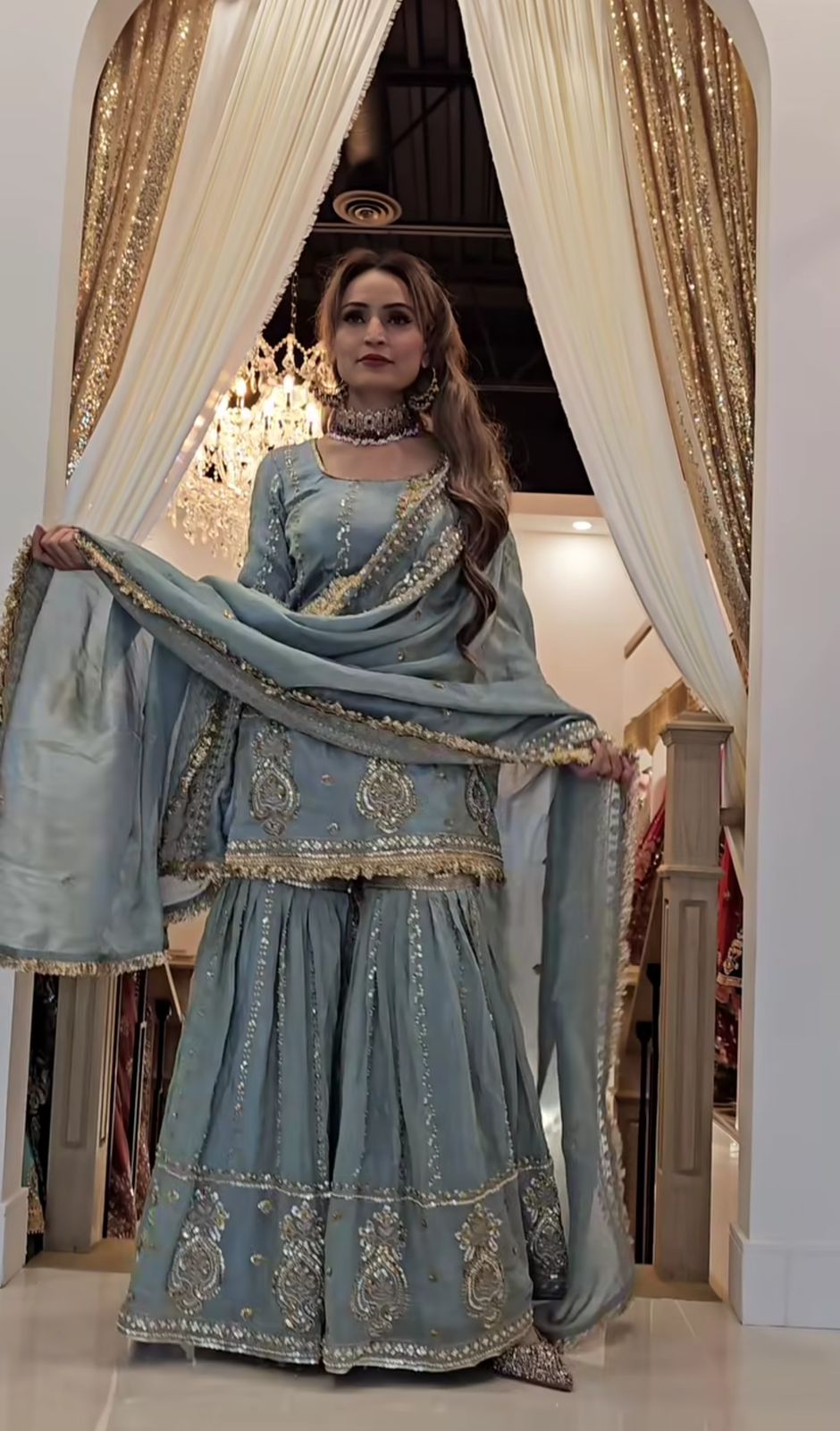 Women's Heavy Embroidered Aque Blue  Sharara Set – Premium Party & Festive Wear