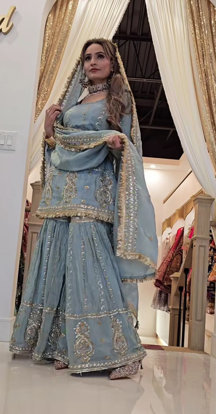 Women's Heavy Embroidered Aque Blue  Sharara Set – Premium Party & Festive Wear