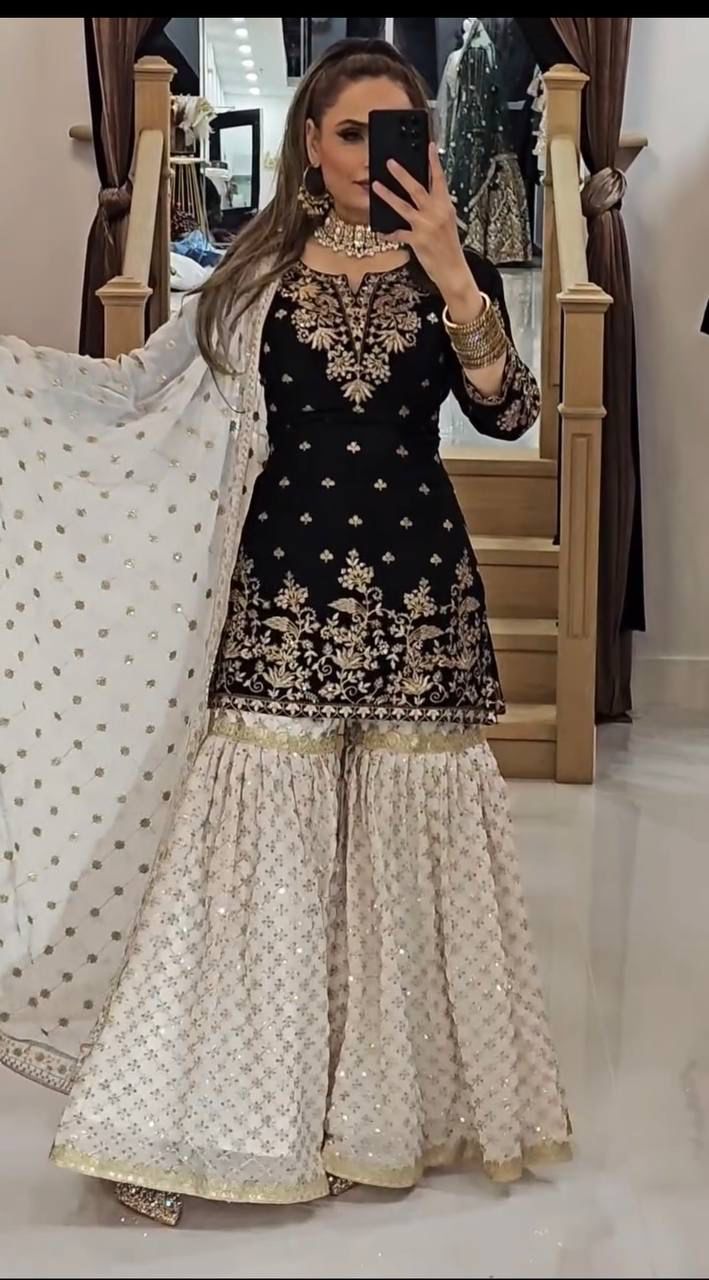 #BlackShararaSuit
#ShararaSuit
#ShararaSet
#EthnicWear
#IndianFashion
#TraditionalWear
#DesiLook
#FusionWear
#ElegantStyle
#BlackOutfit