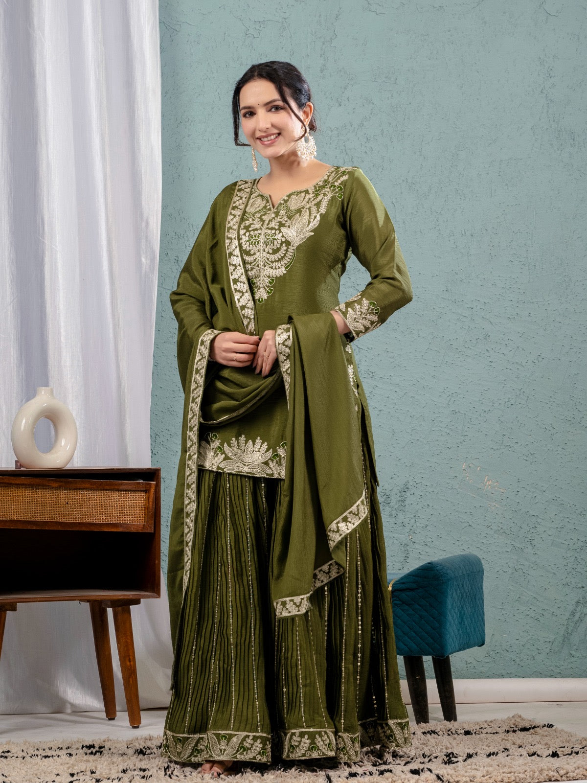 Gorgeous Mehendi Sharara Outfit With Matching Dupatta And Elaborate  Embroidery