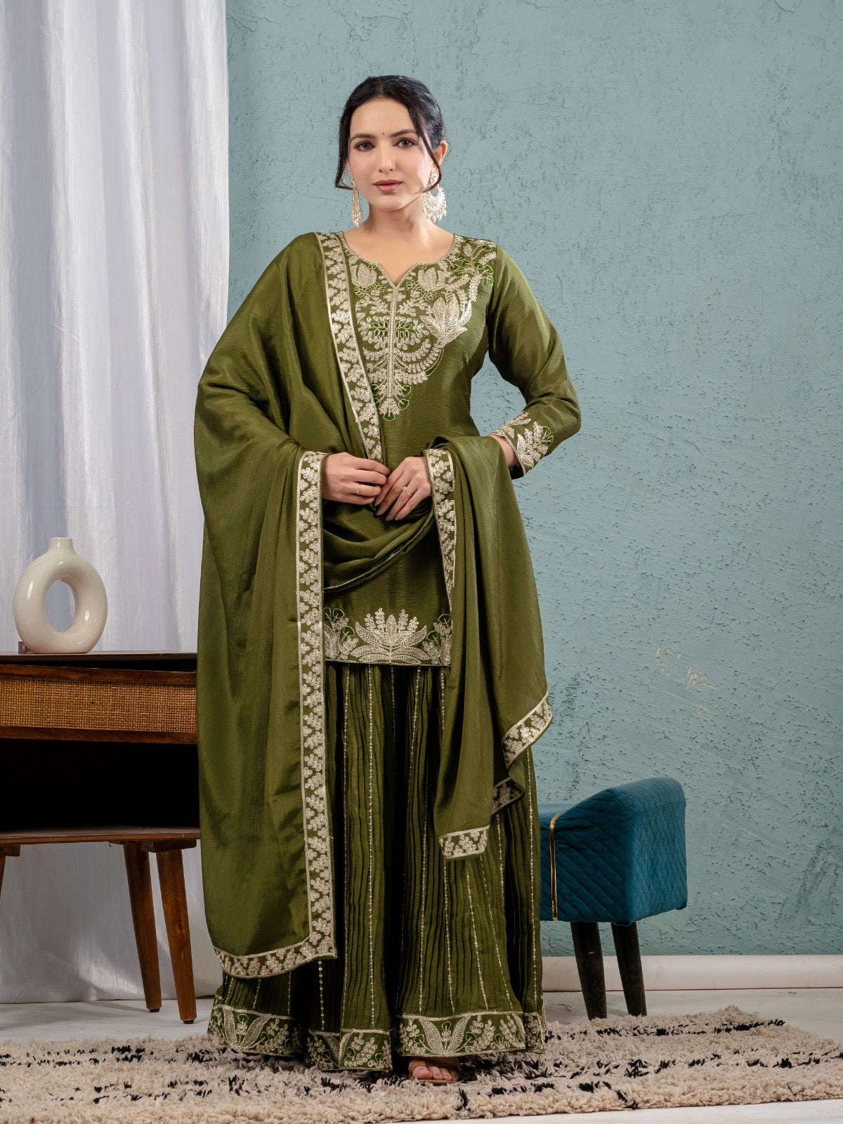 Gorgeous Mehendi Sharara Outfit With Matching Dupatta And Elaborate  Embroidery
