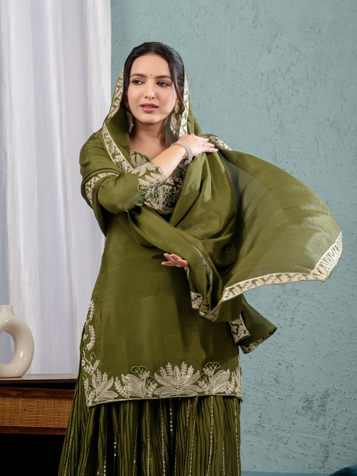 Gorgeous Mehendi Sharara Outfit With Matching Dupatta And Elaborate  Embroidery
