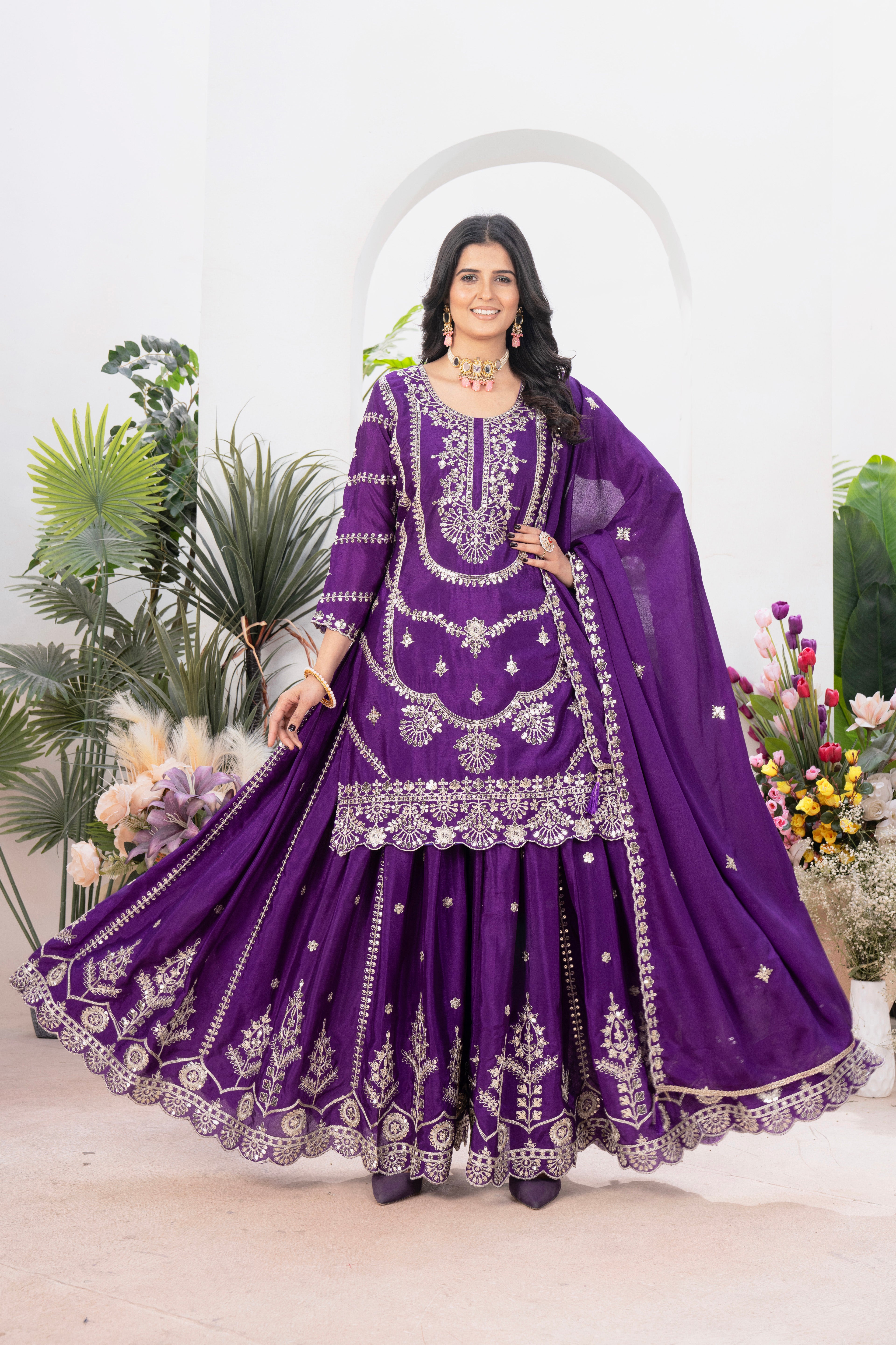 Purple Chinnon Silk Suit
Embroidered Sharara Set
Heavy Sequence Work Suit
Ethnic Party Wear for Women
Traditional Indian Outfit
Full Sleeve Kurti with Plazzo


