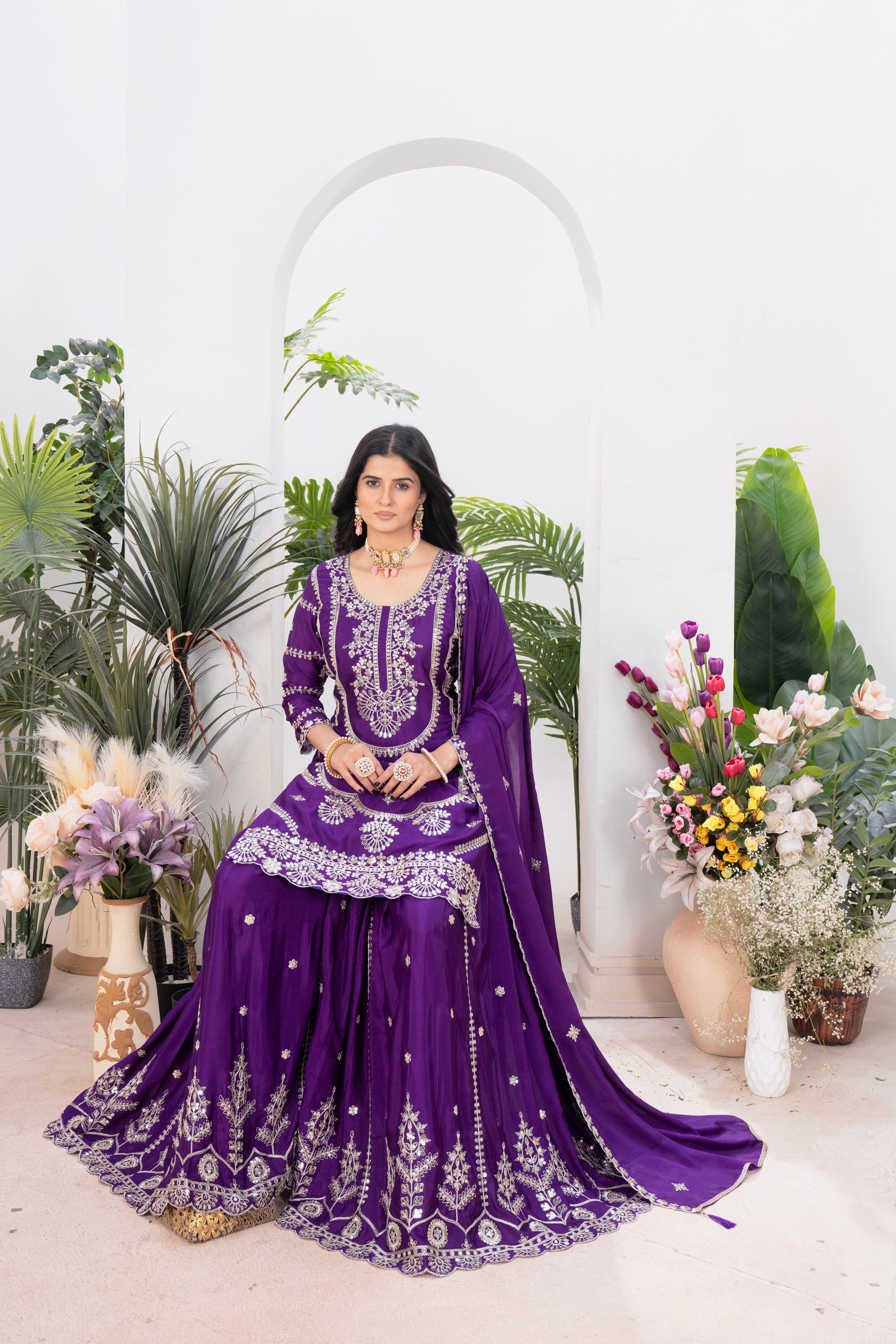 Purple Chinnon Silk Suit
Embroidered Sharara Set
Heavy Sequence Work Suit
Ethnic Party Wear for Women
Traditional Indian Outfit
Full Sleeve Kurti with Plazzo

