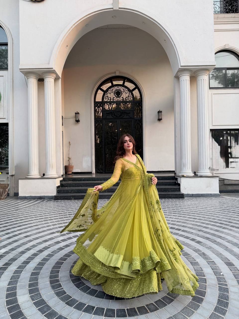 Lime green Anarkali gown

Designer floor-length Anarkali

Embroidered gown for women

Net fabric ethnic dress

Party wear Anarkali suit

Long frock gown design

Traditional gown with dupatta

Wedding function dress

